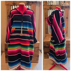 Upcycled Serape Blanket Coat L-1X Hooded Striped Dont Throw It Out